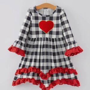 Plaid Long Sleeve Dress with Heart and Ruffle Details